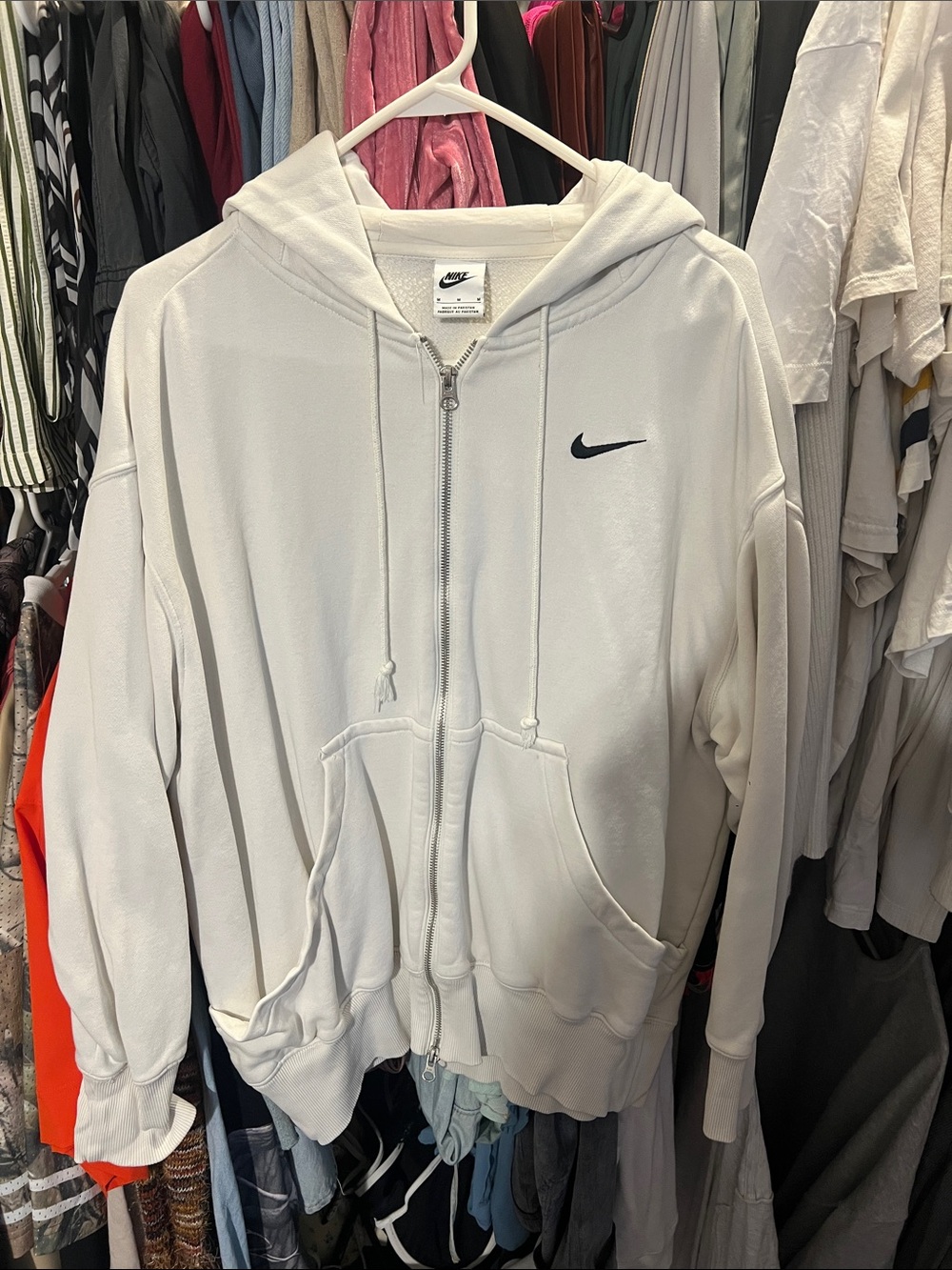 Nike White Zip Hoodie with Black Swoosh Tag